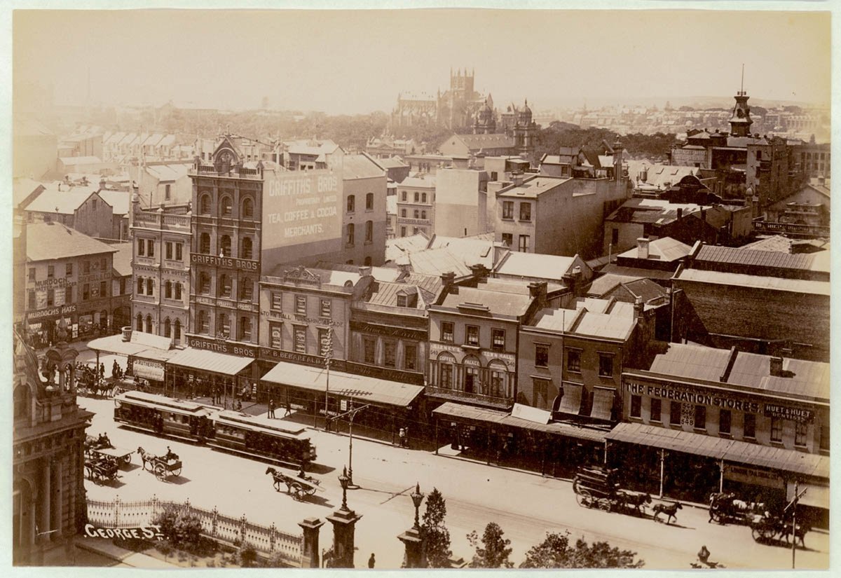 Sydney from St. Andrews Cathedral (looking east), 1900-1910 - by Star Photo Co, Sydney city centre (1905)