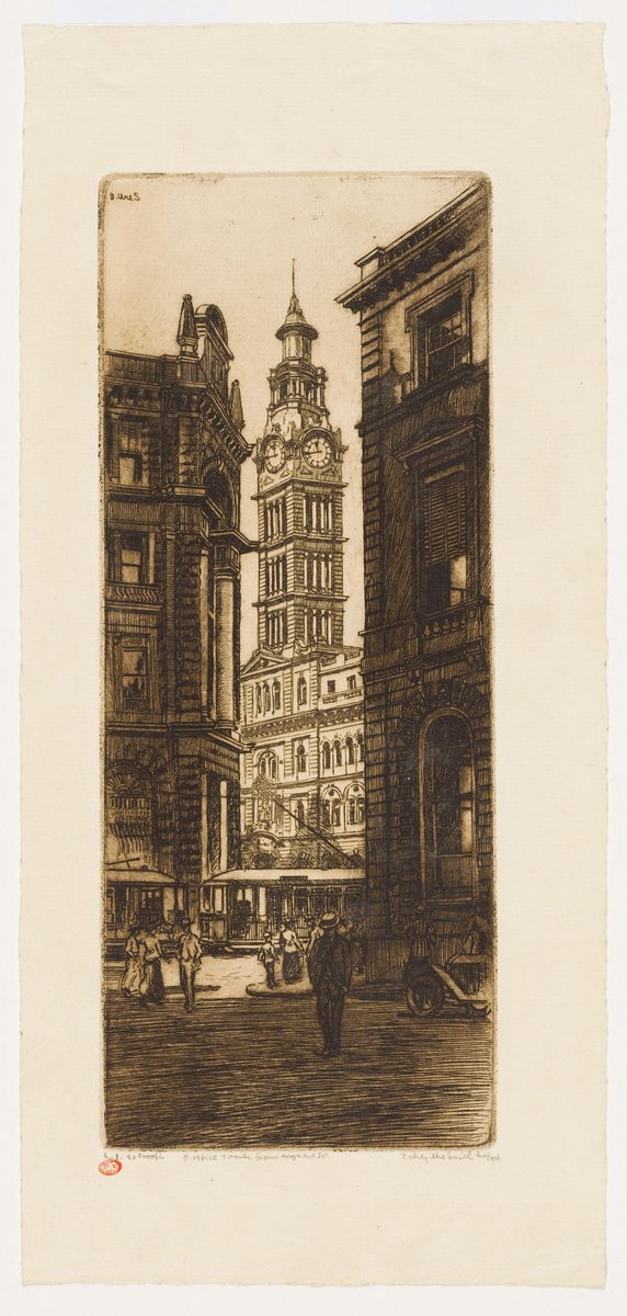 Post Office Tower from Wynyard Street, 1916 - by Sydney Ure Smith, Sydney city centre