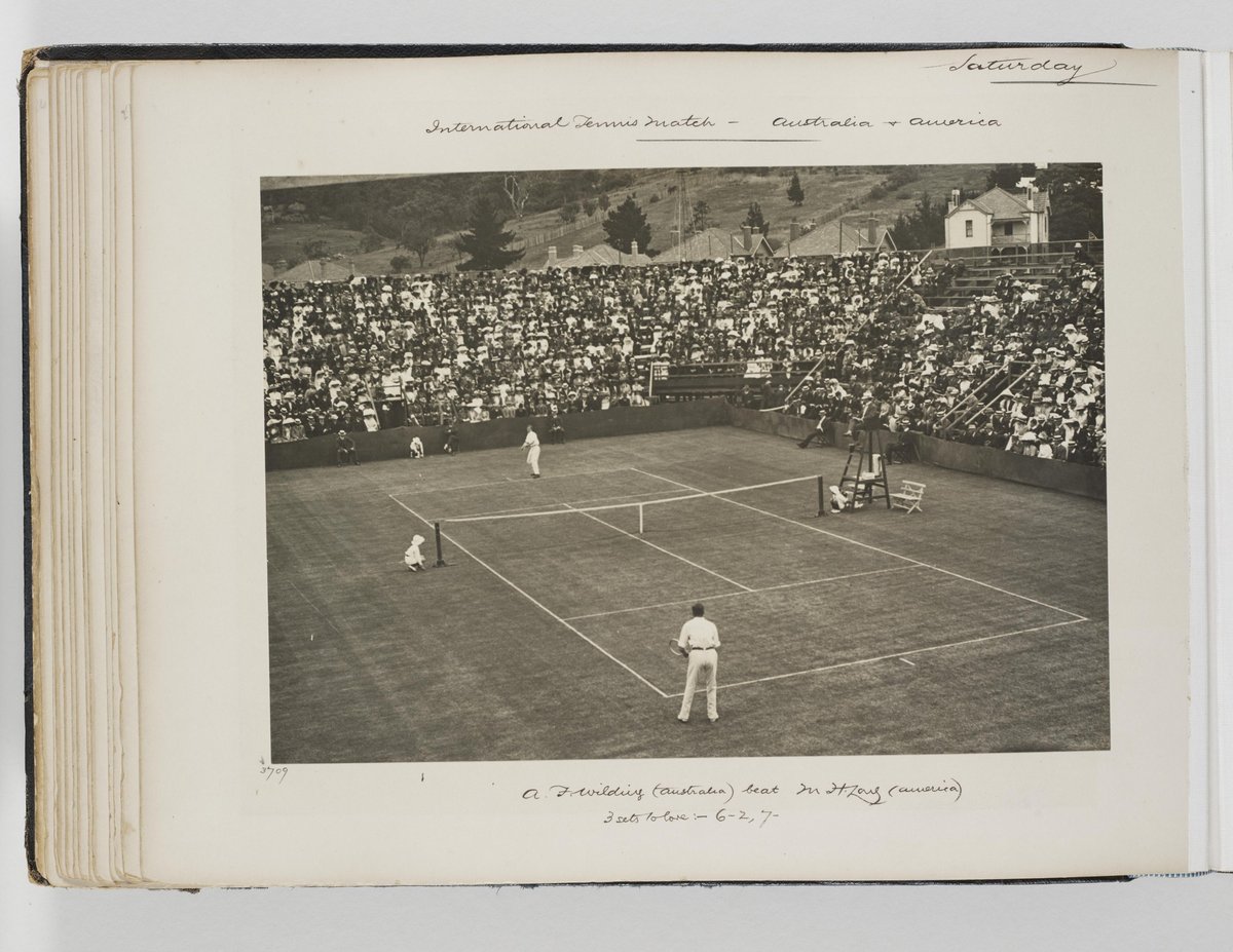 View of Grandstand, International Tennis Match- Australia vs America, Double Bay, NSW, 27 November 1909, Allen family Album No. 52
