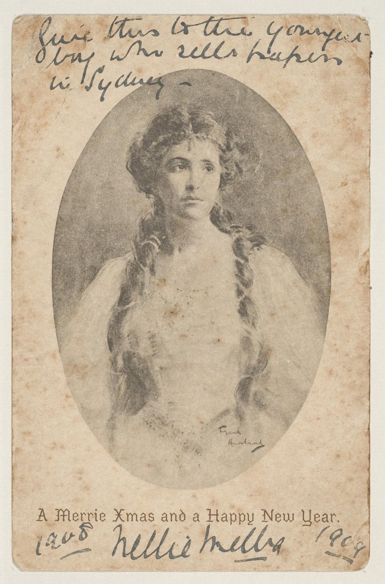 "Give this to the youngest boy who sells papers in Sydney" ; A Merrie Xmas and a Happy New Year, Nellie Melba, 1908-1909