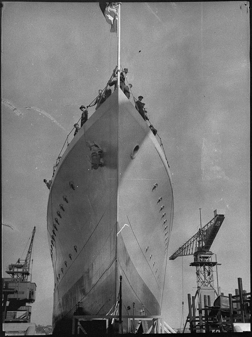Launching HMAS "Parramatta", Cockatoo Dock, June 1939 - photographer Sam Hood, Sydney Harbour