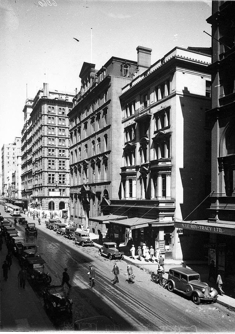 The Theatre Royal, Australia Hotel, Mutual & Citizens Assurance; Castlereagh Street (from N. Le Roy-Tracy Ltd., right), Sydney, 1936-1937 - photographer Hall & Co, Sydney city centre (1936–37)