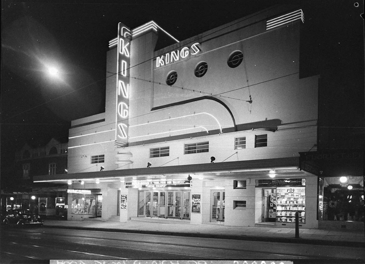 Kings Theatre at Marrickville, Sydney. Night shot showing illuminated exterior, 1937 - photographer Sam Hood