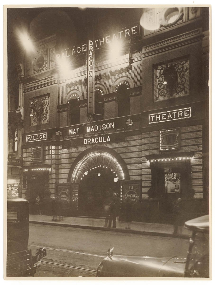 Palace Theatre, Sydney, lit at night, showing "Dracula" with Nat Madison, between 1927-1931 - photographer Sam Hood, Sydney city centre (1930)