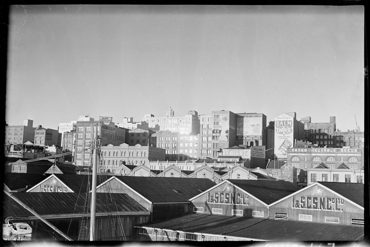 Sydney skyline from Pyrmont Bridge, evening sunlight in Margaret Hall, from Series 02- Sydney people & streets, 1948-1950, photographed by Brian Bird (1949)