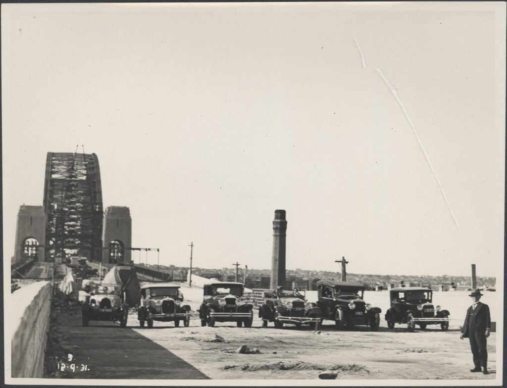 Six cars side-by-side on the Sydney Harbour Bridge, 1931