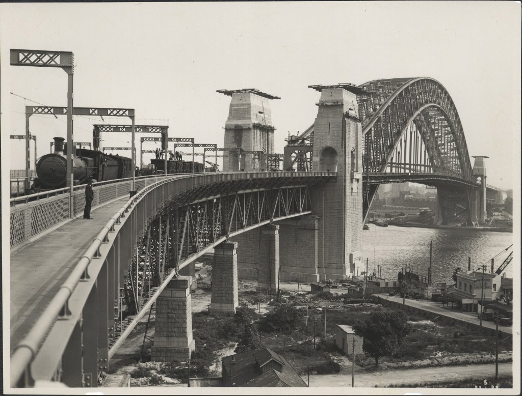 Installing electric cables on Harbour Bridge looking, 1932, Sydney Harbour