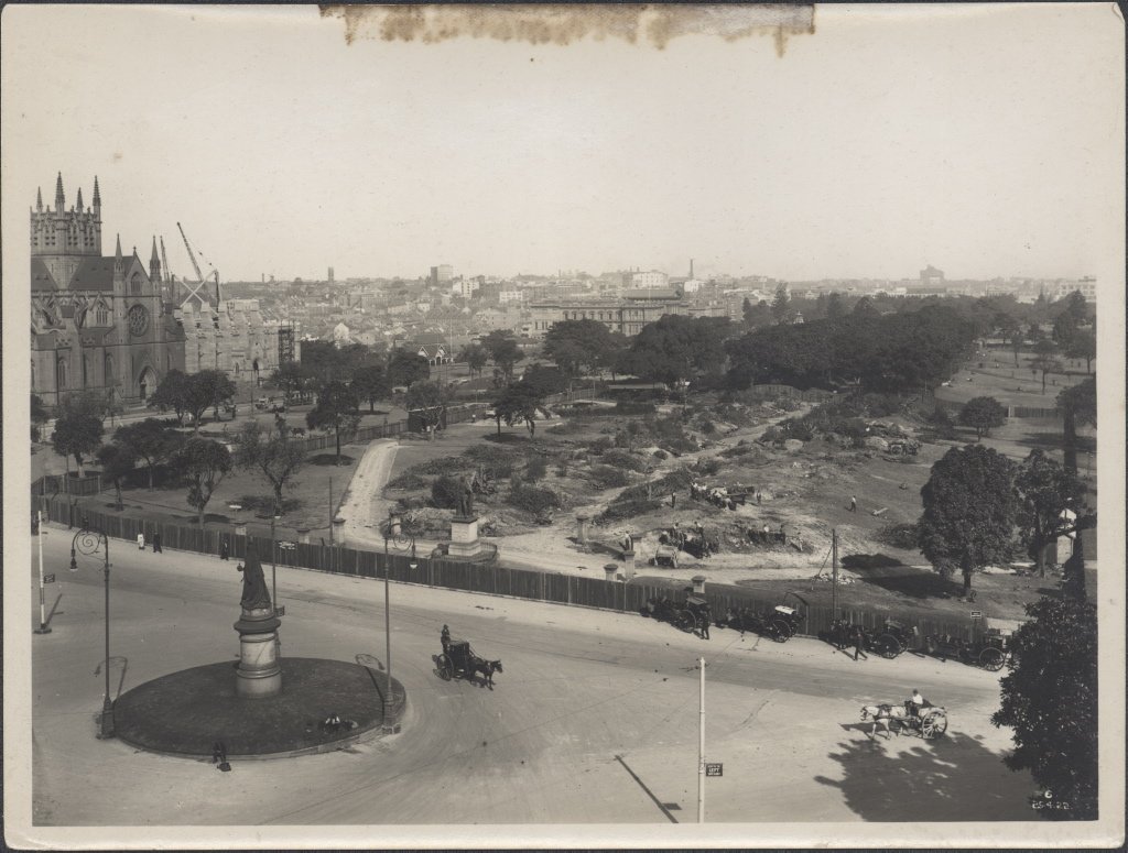Construction of underground railway at Hyde Park, 1922, Sydney city centre