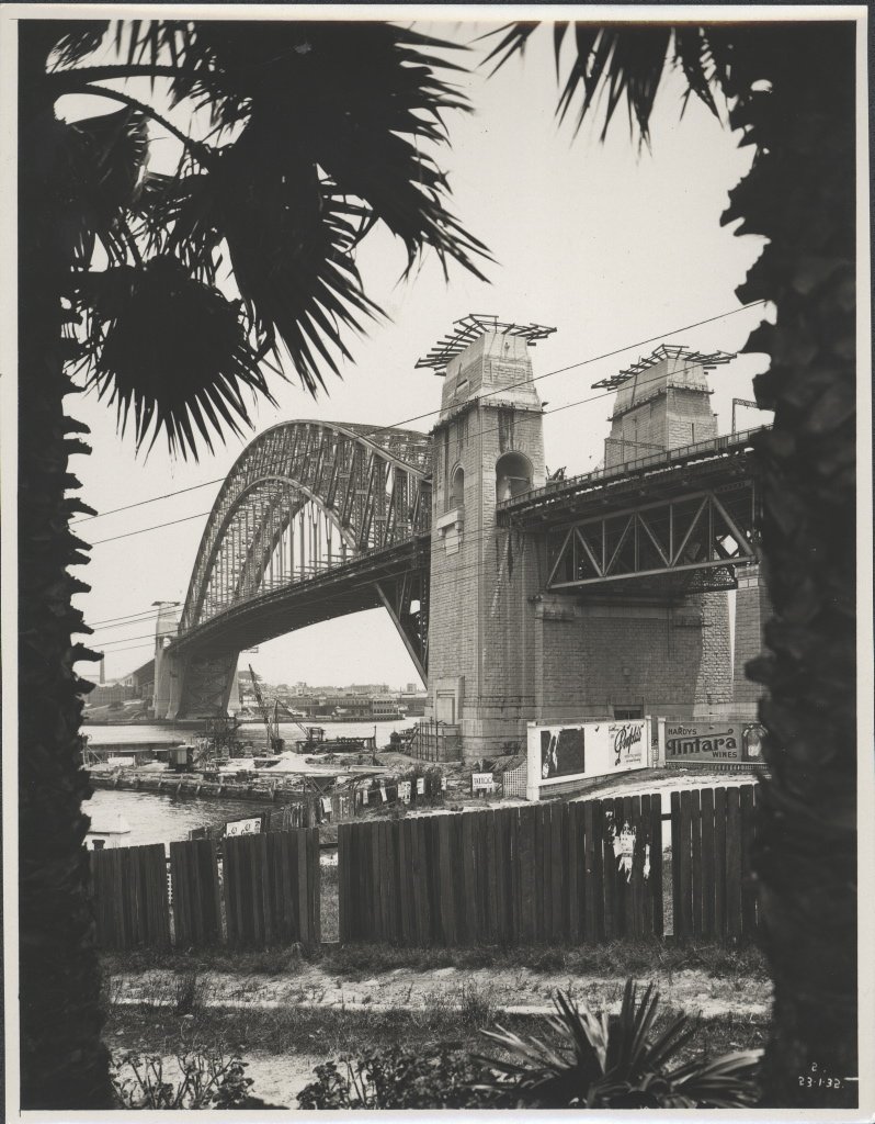Northern abutment tower of the Harbour Bridge looking, 1932, Sydney Harbour