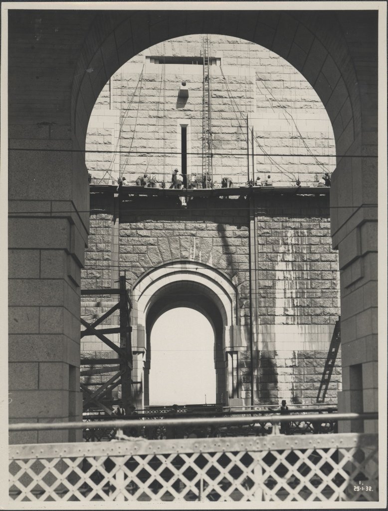 Workers cleaning granite pylons on the Harbour Bridge, 1932, Sydney Harbour