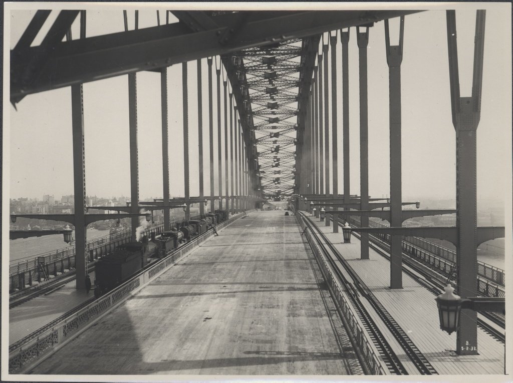 Harbour Bridge main deck with steam trains and tenders, 1932, Sydney Harbour