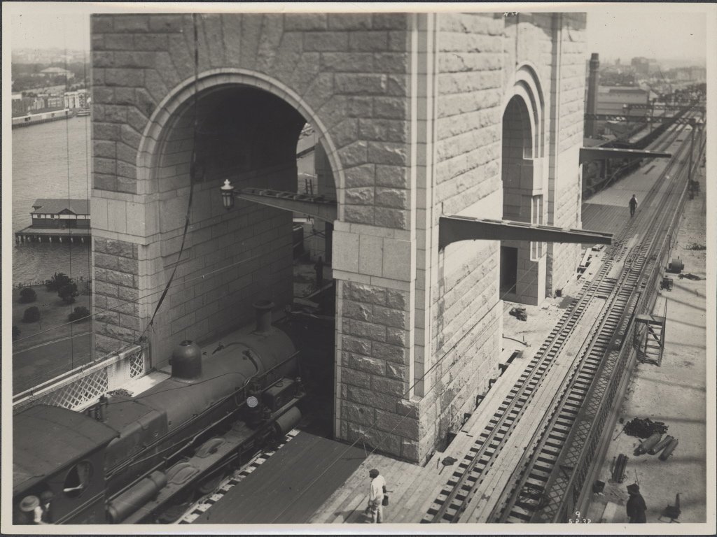 Steam train on south west track of Harbour Bridge, 1932, Sydney Harbour