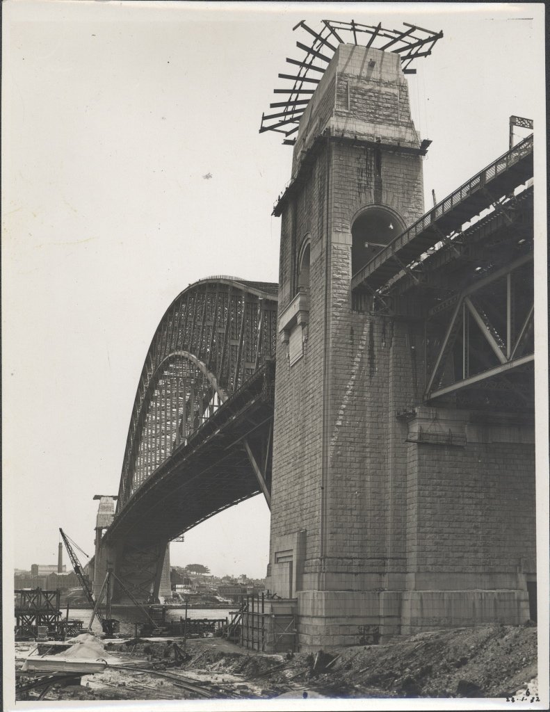 Northern abutment tower of the Harbour Bridge looking south, 1932, Sydney Harbour