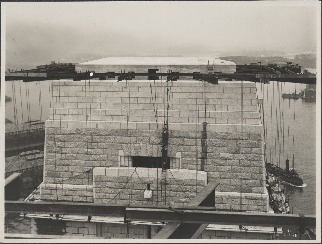 View of the south-western pylon of the Sydney Harbour Bridge, 1932