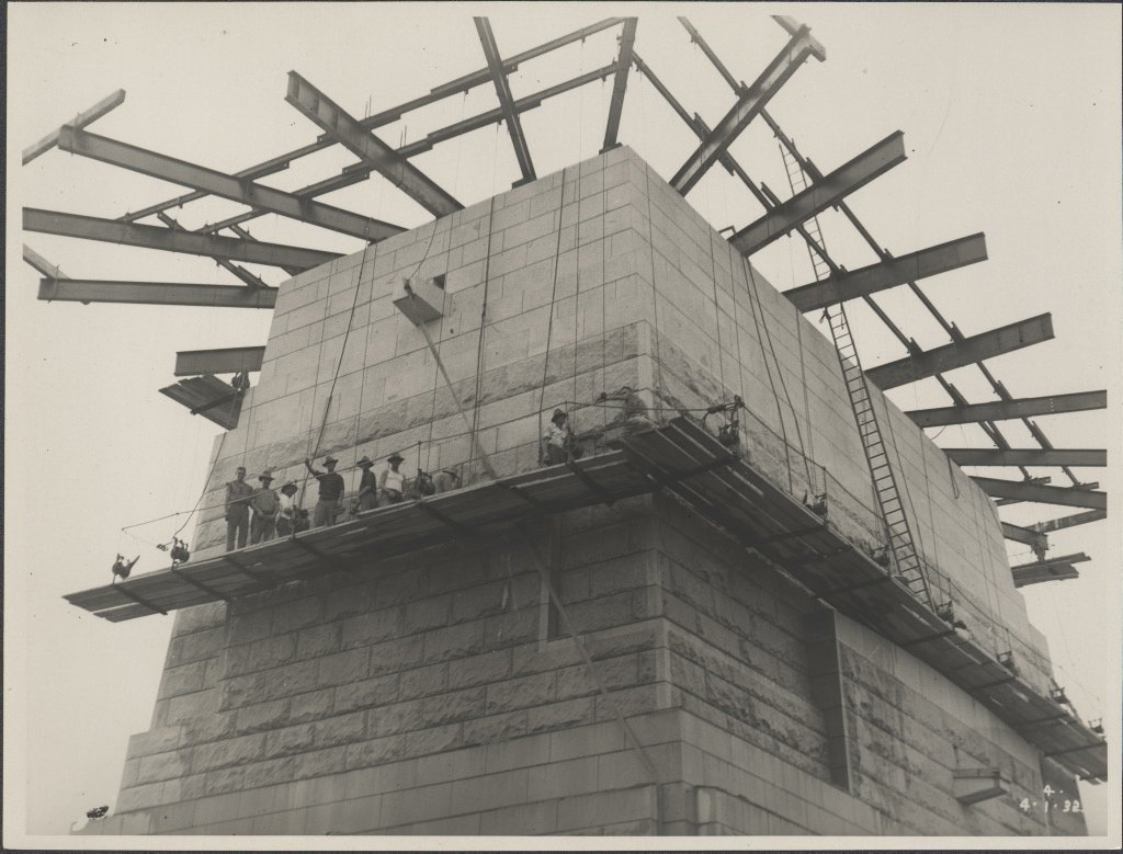 Southern pylon of the Harbour Bridge being washed, 1932, Sydney Harbour