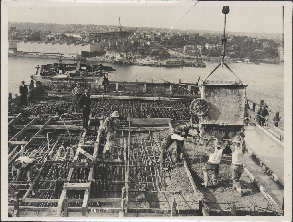 Pouring concrete on the southern platform of the Sydney Harbour Bridge, 1928