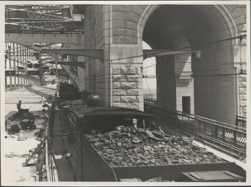 Steam trains on Harbour Bridge, 1932, Sydney Harbour