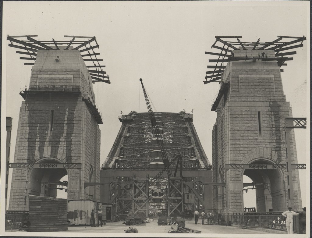 The roadway and pylons of the Harbour Bridge, 1932, Sydney Harbour