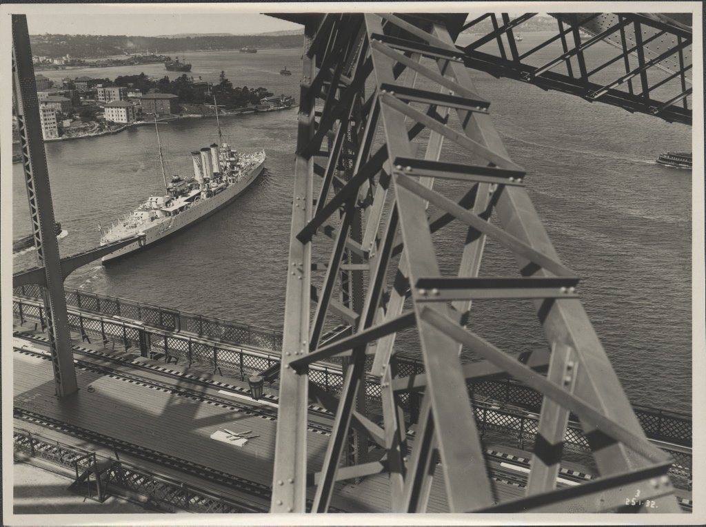 View from the steel arch of the Harbour Bridge, 1932, Sydney Harbour