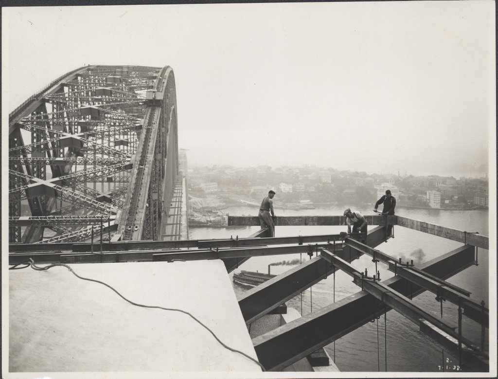 Workmen attaching the supports to a pylon of the Sydney Harbour Bridge, 1932