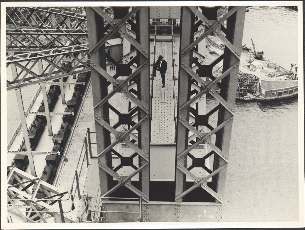 Steam trains on Harbour Bridge, 1932, Sydney Harbour