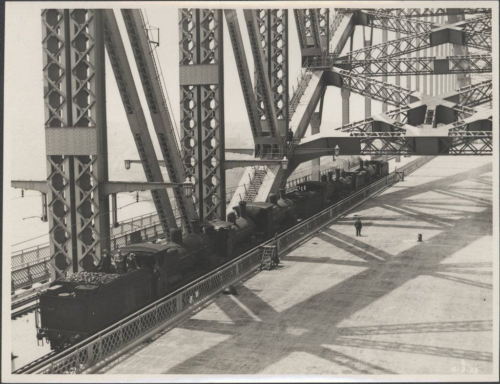 Four trains on the Harbour Bridge, 1932, Sydney Harbour