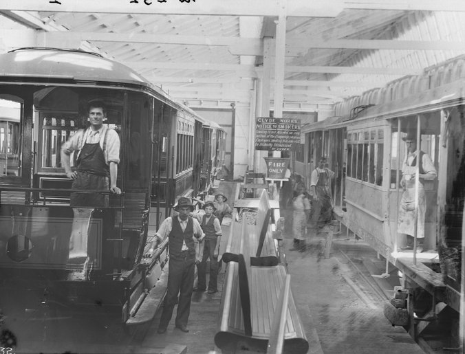 Workmen constructing Sydney tram cars (1920)