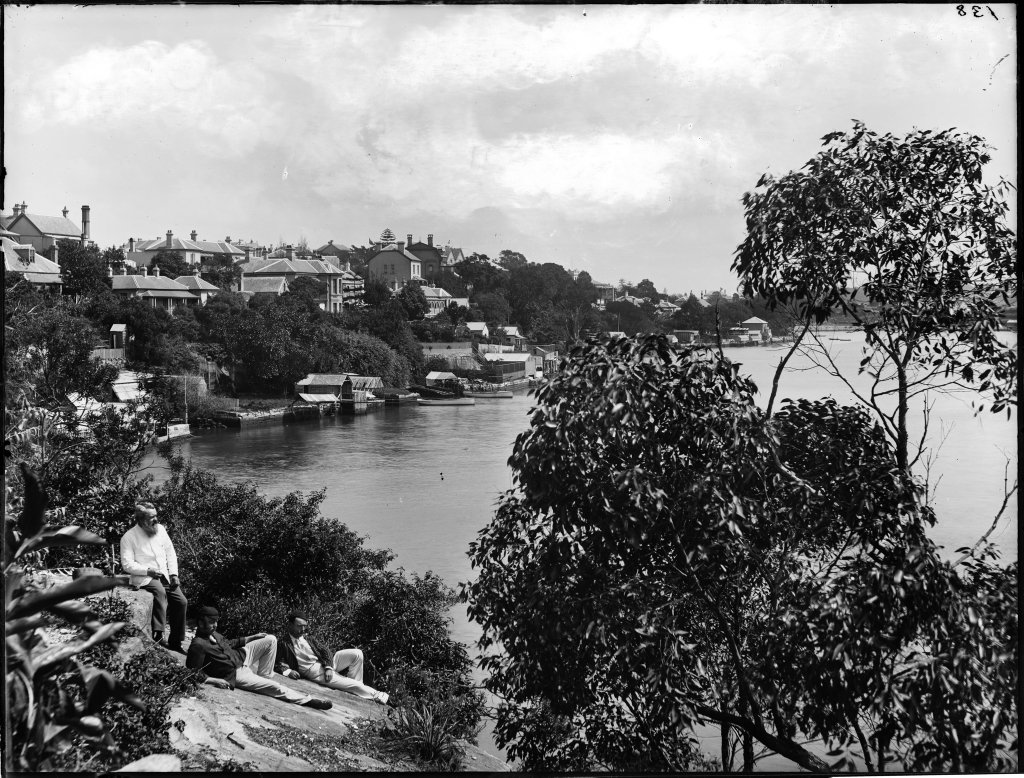 Sydney Harbour side scene, Federation style houses (1900)