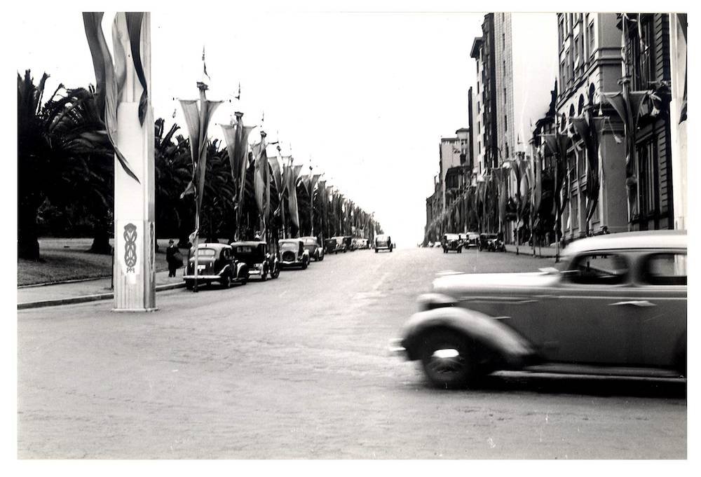 Flags on Macquarie Street- “Australia's March to Nationhood” Australian 150th Anniversary Celebration, Sydney city centre (1938)