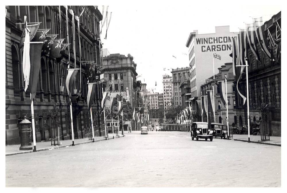 Flags on Bridge Street- “Australia's March to Nationhood” Australian 150th Anniversary Celebration, Sydney city centre (1938)