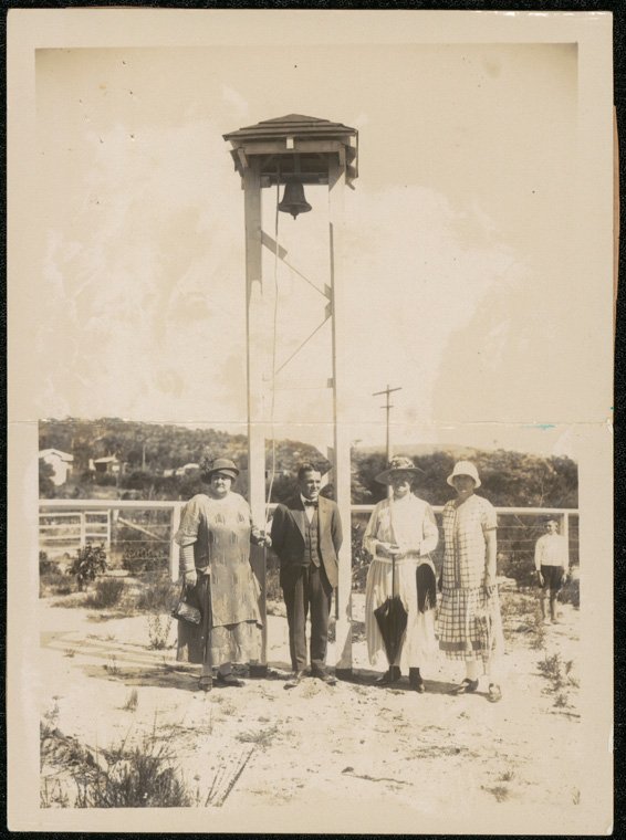 Dee Why Public School - Mrs Corfield (who donated the bell), Mr Frank Sergeant (Principal), Mrs F. Dennett (Secretary of P&C (Parents and Citizens) Association) (1926?)