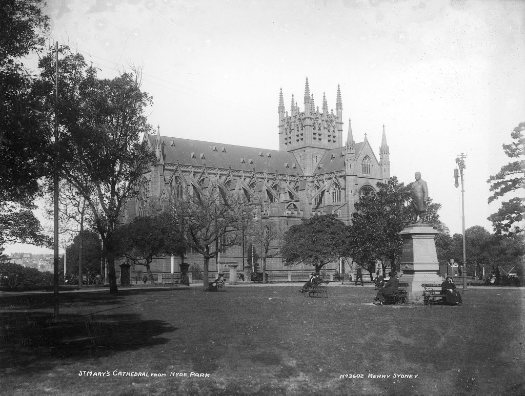St Mary's Cathedral from Hyde Park, Sydney city centre (c. 1900)