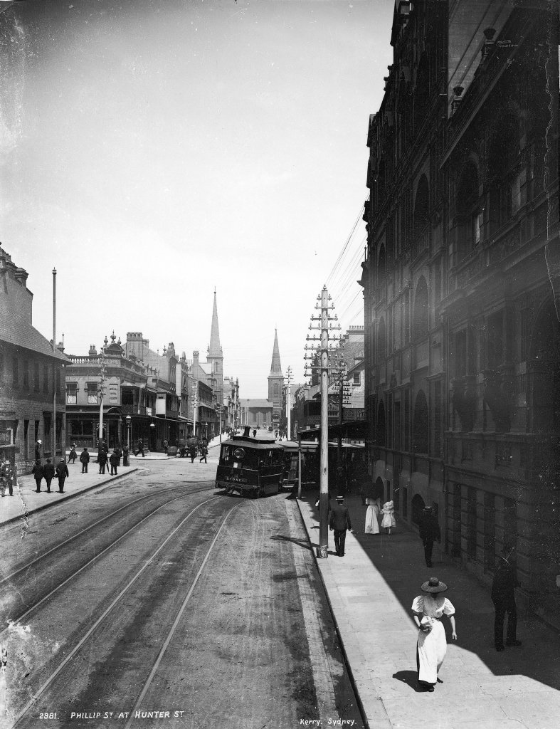 Phillip Street at Hunter Street, Sydney city centre (c. 1900)