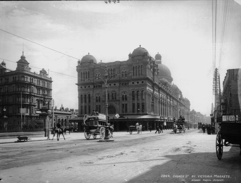 George Street by Victoria Markets, Sydney city centre (c. 1900)