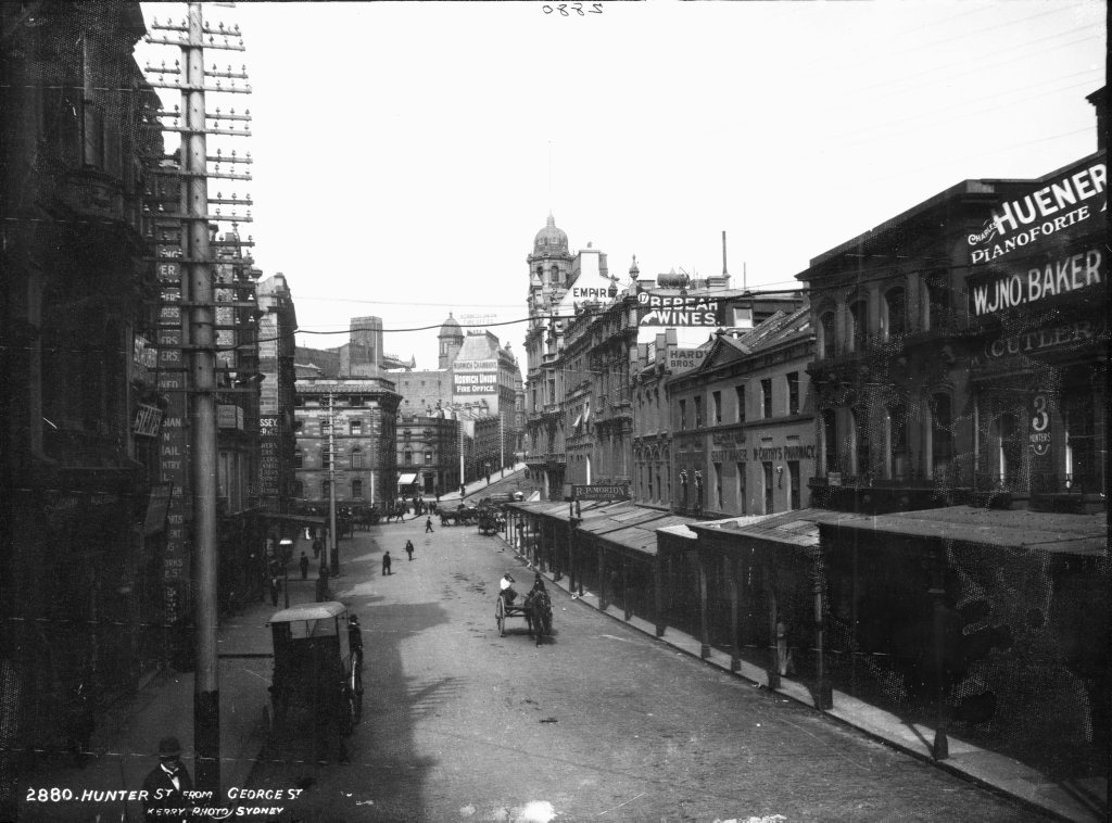 Hunter Street from George Street, Sydney city centre (c. 1900)