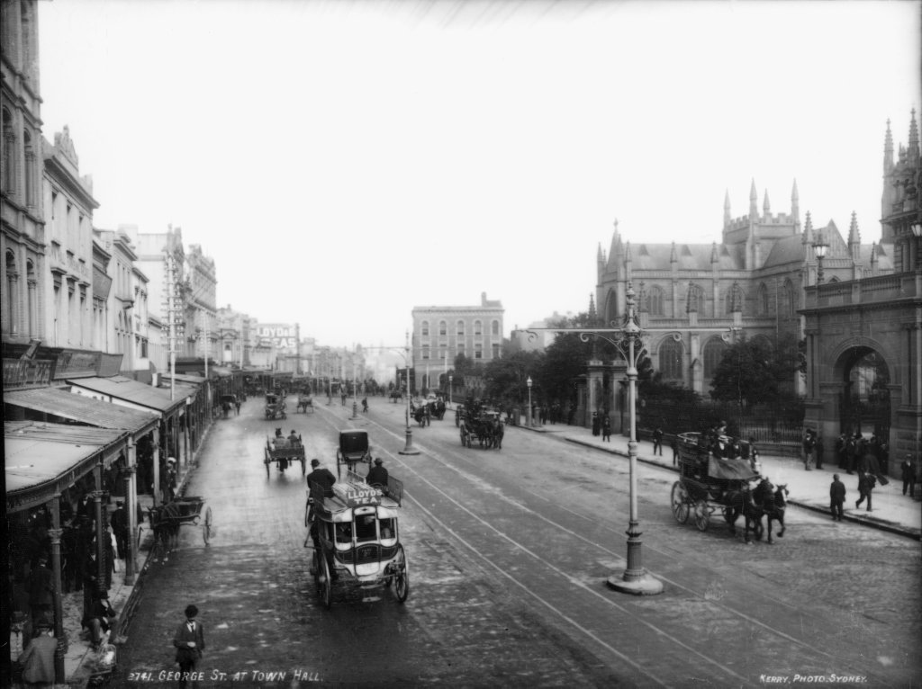 George Street at Town Hall, Sydney city centre (c. 1900)