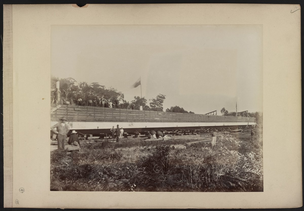 Men atop pontoon to be used in erecting Hawkesbury River Railway Bridge, New South Wales, Australia LCCN2016651636 (1887)