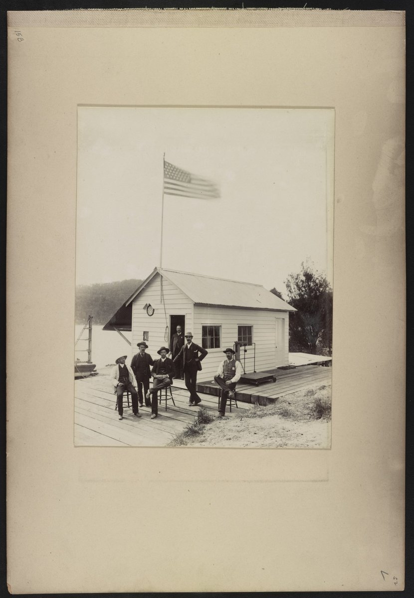 E.K. Morse, S.V. Ryland, and others outside the office of Ryland & Morse for the Hawkesbury River Railway Bridge project, Bangar Island, New South Wales, Australia LCCN2016651643 (1887)