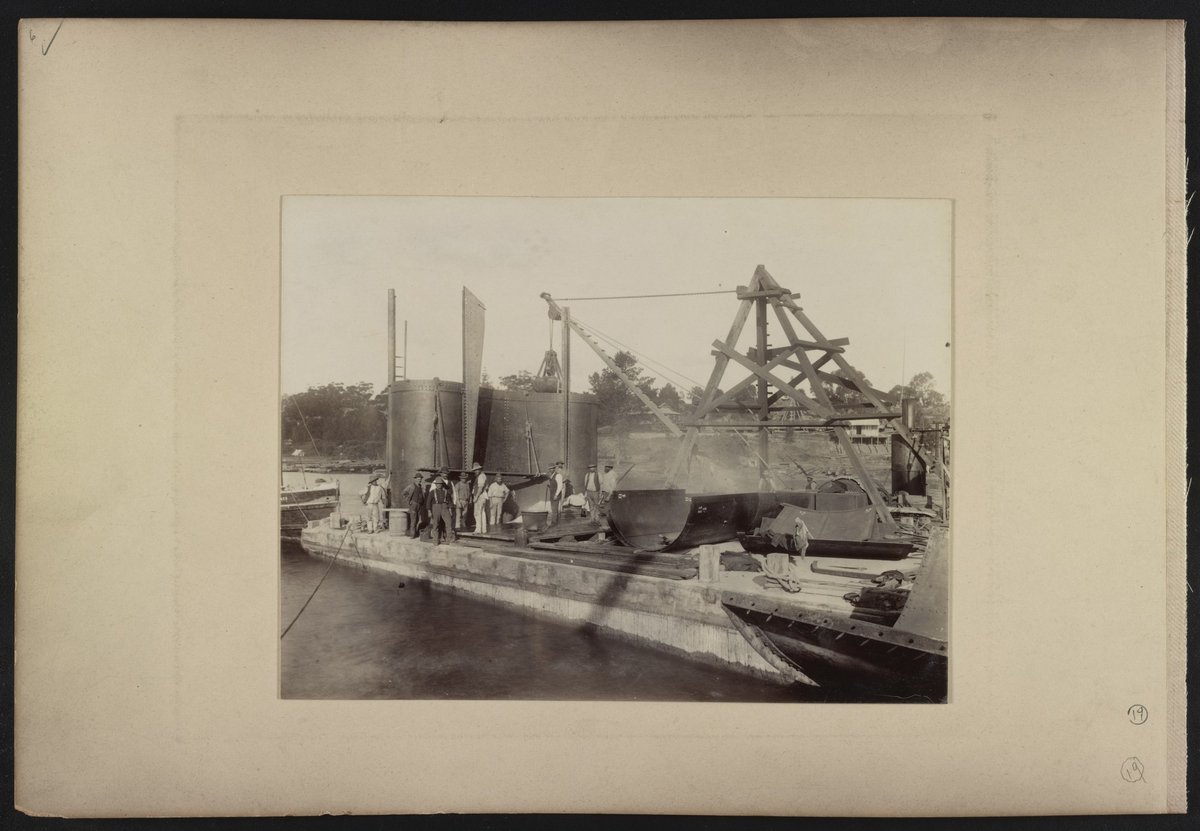 Men on barge with ironwork structure for the Hawkesbury River Railway Bridge, New South Wales, Australia LCCN2016651657 (1888)