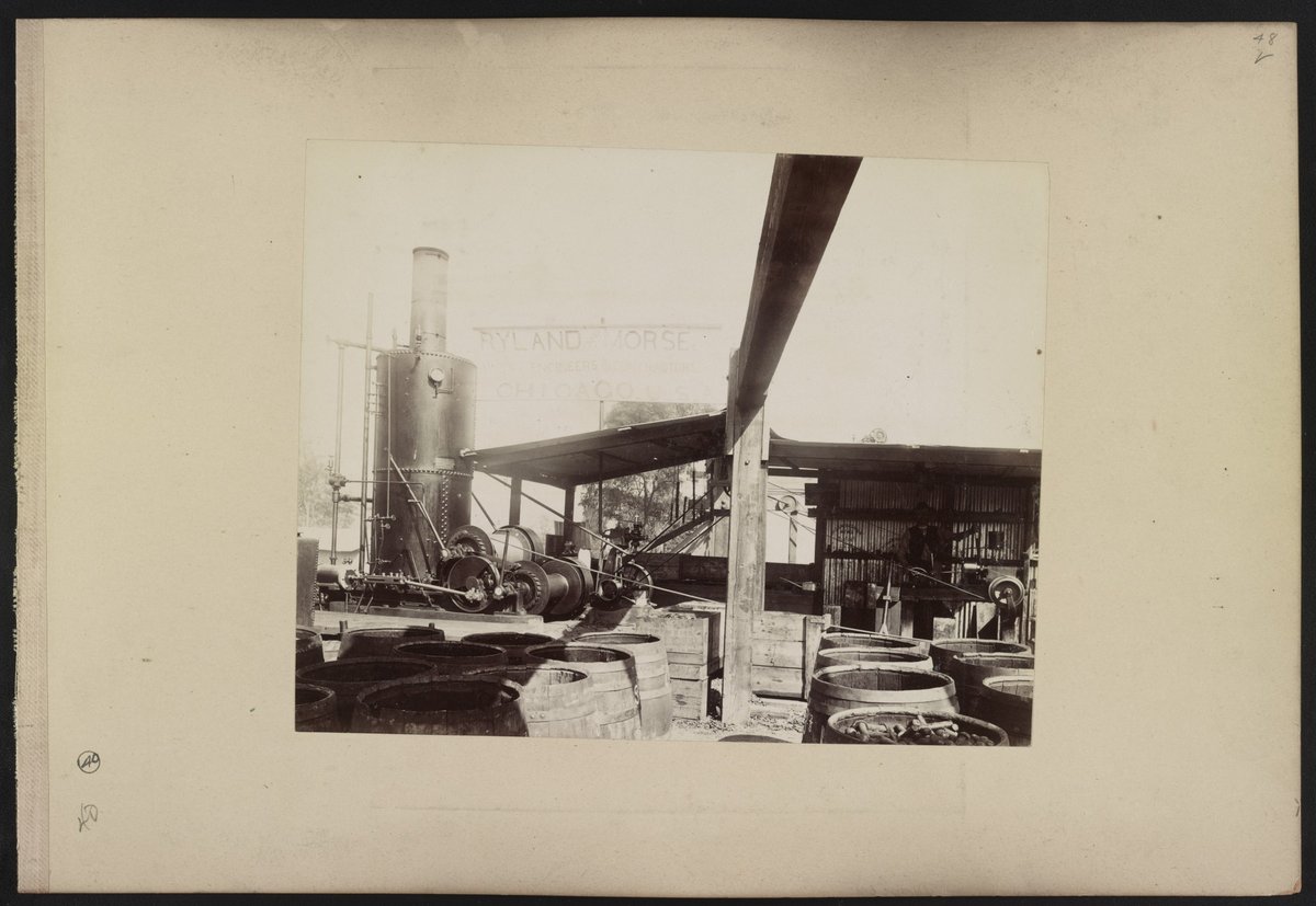 Steam engine and barrels used for Hawkesbury River Railway Bridge project, New South Wales, Australia LCCN2016651677 (1887)