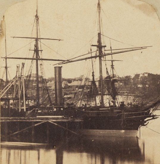 At the ‘Dry Docks’, the Bombay alongside (1862) (Close-up of P&O Bombay at Mort’s Dock, Balmain) (cropped)