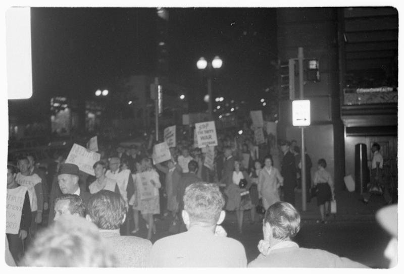Anti-Vietnam War Demonstrations (including Australia's first sit down demonstration) and protests outside Central Police Court, Liverpool St, Sydney, NSW 02, Sydney city centre (1965)