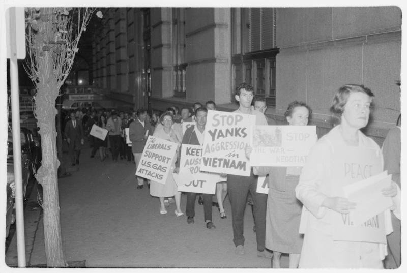 Anti-Vietnam War Demonstrations (including Australia's first sit down demonstration) and protests outside Central Police Court, Liverpool St, Sydney, NSW 20, Sydney city centre (1965)