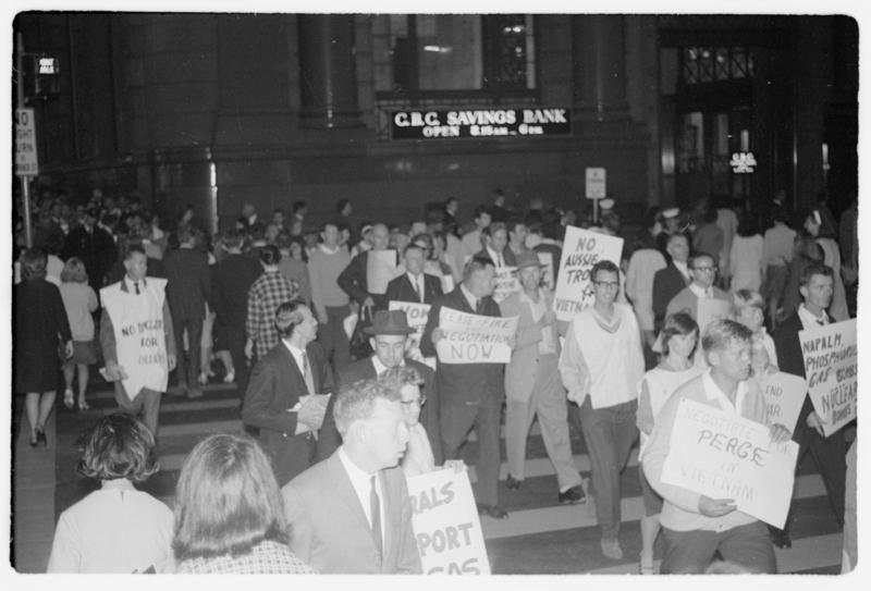 Anti-Vietnam War Demonstrations (including Australia's first sit down demonstration) and protests outside Central Police Court, Liverpool St, Sydney, NSW 19, Sydney city centre (1965)
