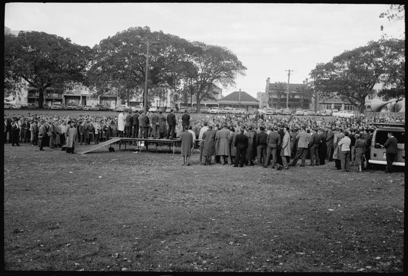 Trade Union meeting and rally in Hyde Park, Sydney, NSW 1, Sydney city centre (1966)