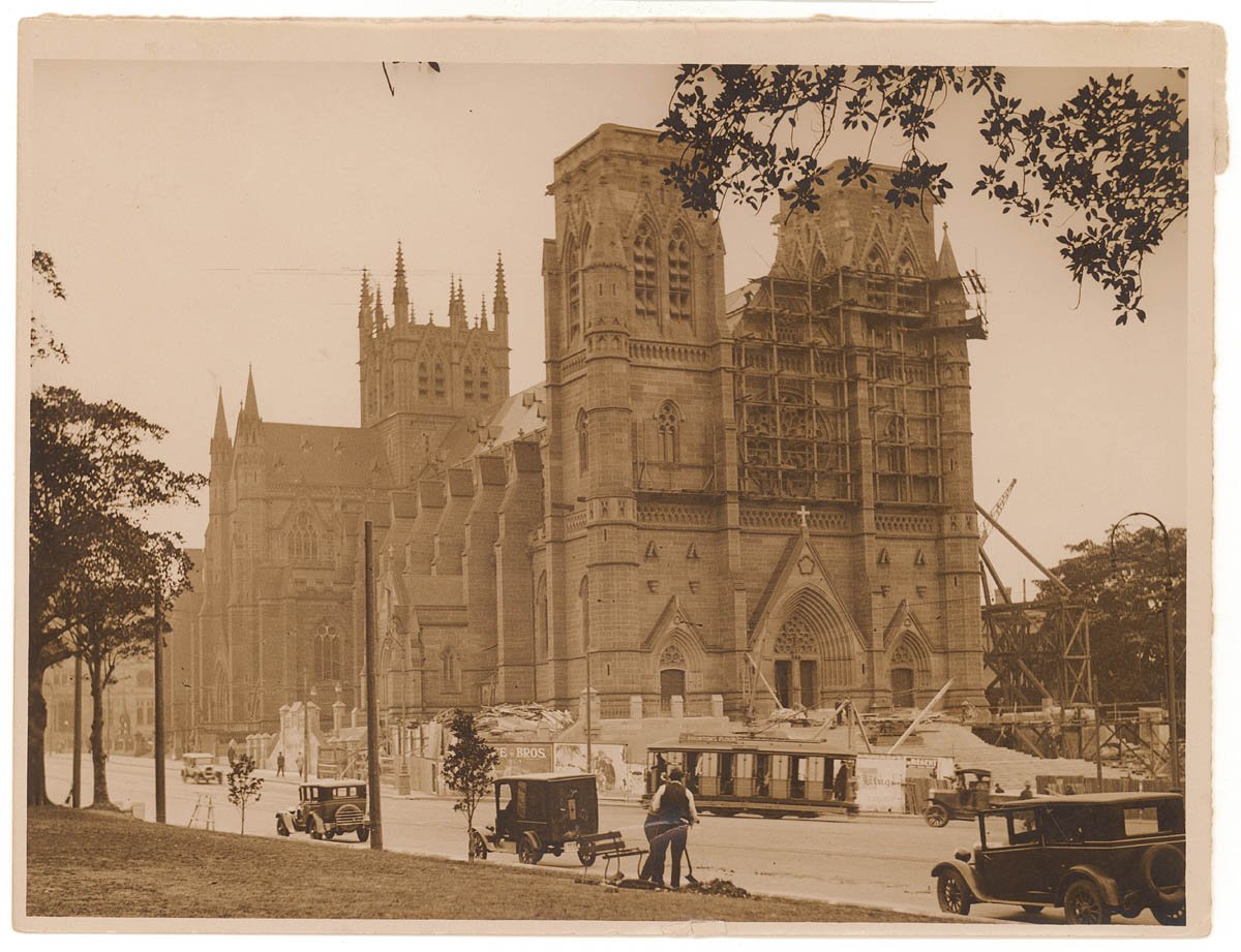 Construction, St. Mary's Cathedral, Sydney, 1920s, Sydney city centre