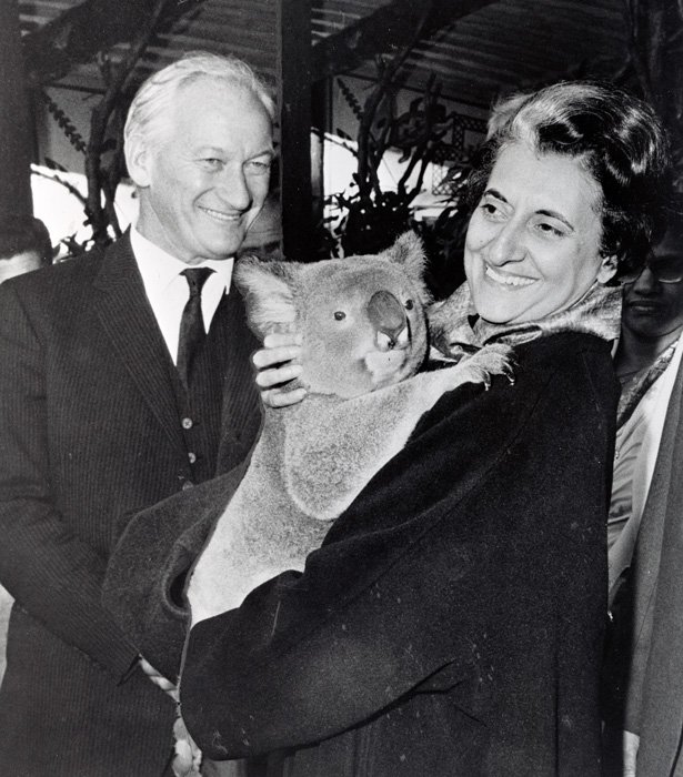 Indian Prime Minister Indira Gandhi with Sir Arthur Tange and a koala, Mosman (1968)