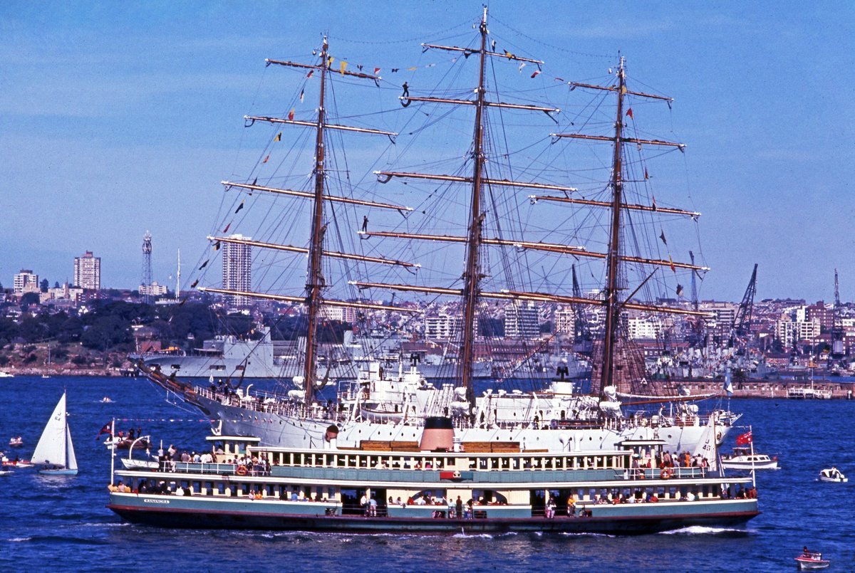 Sydney ferry KANANGRA and Argentine Training Sailing ship Libertad in Sydney Harbour (1970)