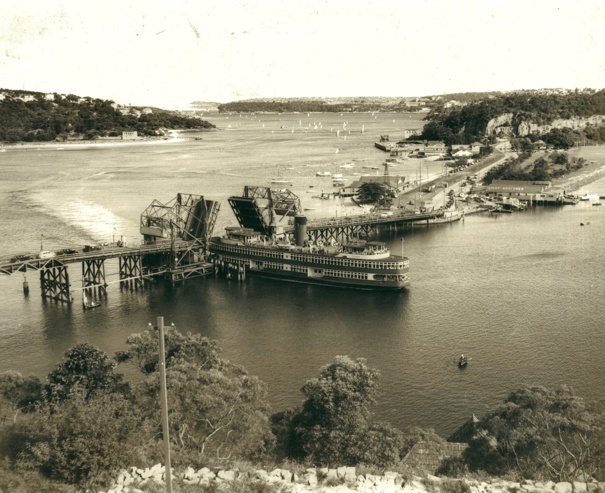 Old Spit Bridge and Sydney Ferry KALANG as showboat pre 1952, Mosman (c. 1952)