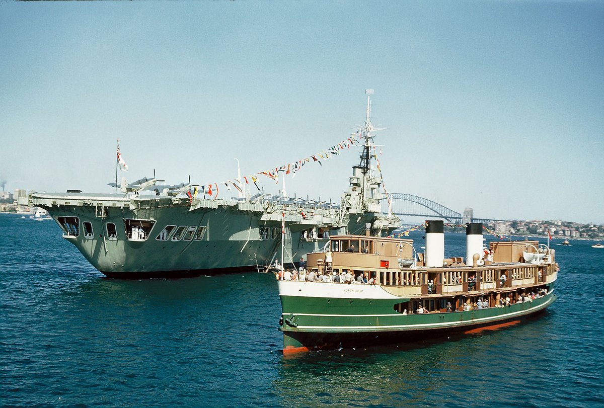 Sydney ferry NORTH HEAD alongside HMAS VENGEANCE 3 March 1954, Mosman